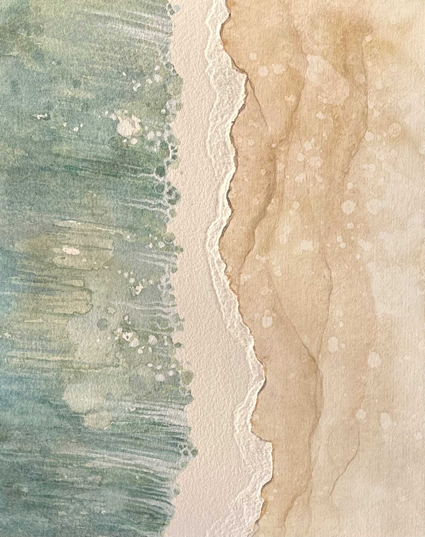 rectangular painting of an overhead view of a wave crashing on the shore with green , gray, white and tan colors. Torn paper is used to represent the white, frothy edge of the wave.