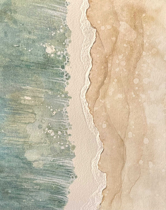 rectangular painting of an overhead view of a wave crashing on the shore with green , gray, white and tan colors.  Torn paper is used to represent the white, frothy edge of the wave.