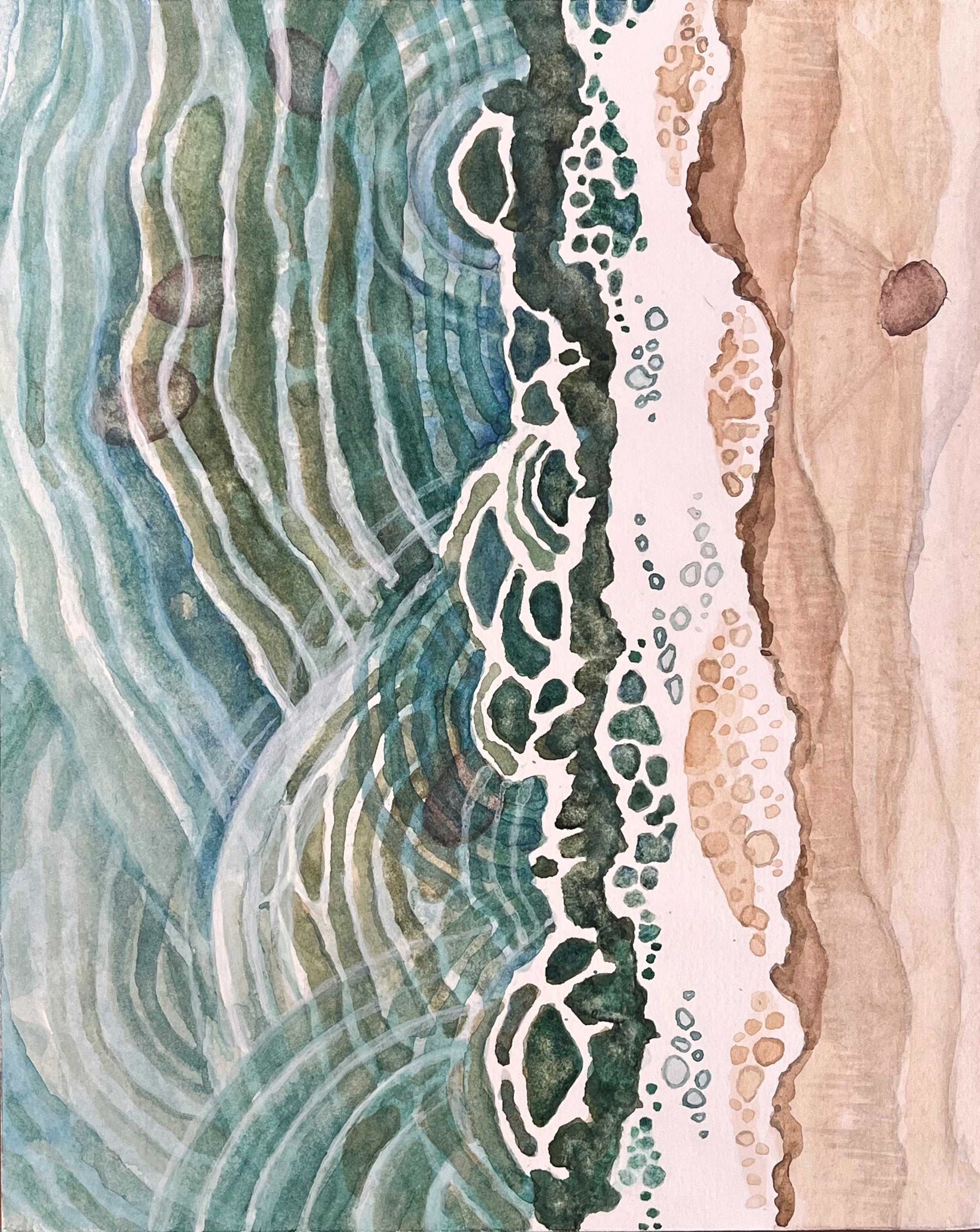 Rectangular painting, vertical format, of an overheard view of close-up ripples by a pebbled sandy shore, with dark green, turquoise, white and tan colors.