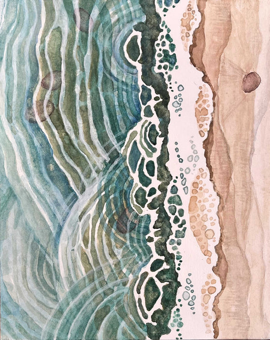 Rectangular painting, vertical format, of an overheard view of close-up ripples by a pebbled sandy shore, with dark green, turquoise, white and tan colors.