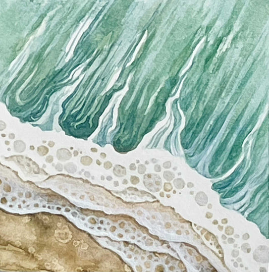 square painting of an overhead view of a wave crashing on the shore in green, white and tan colors.