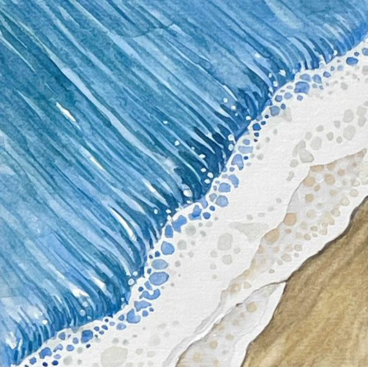 Square painting in blue white and tan colors of an aerial close-up view of a wave crashing on the shore