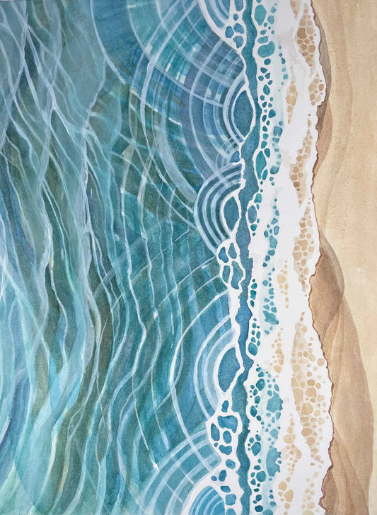vertical format rectangular painting of an overhead view of water ripples on a sandy shore in blue, green, white and tan colors.