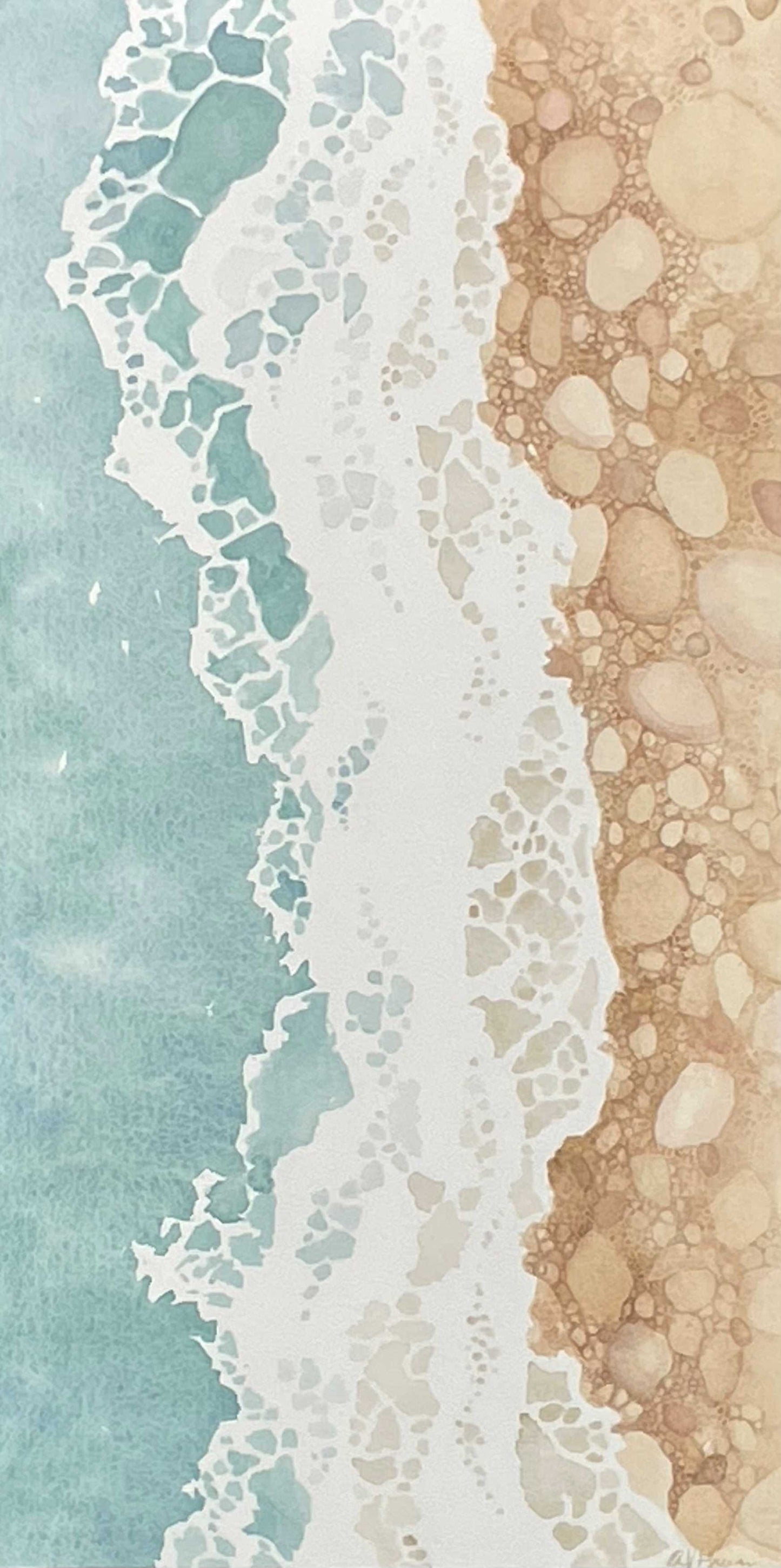 vertical format, narrow rectangular painting of an overhead view of waves crashing on a pebbled shoreline in turquoise, white and tan colors